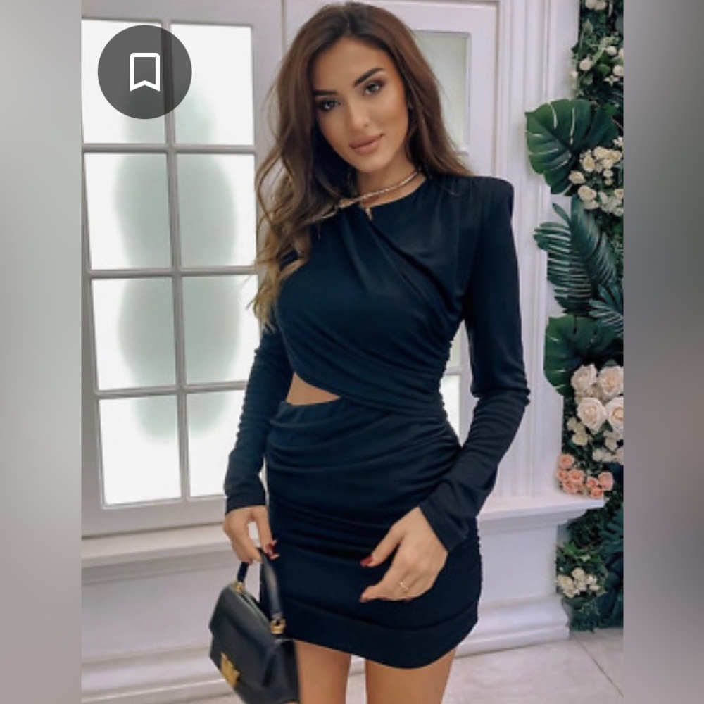 Zara Black Draped Mini Dress with Cut Out and Shoulder Pads XL Body Con Rouged - Picture 3 of 11